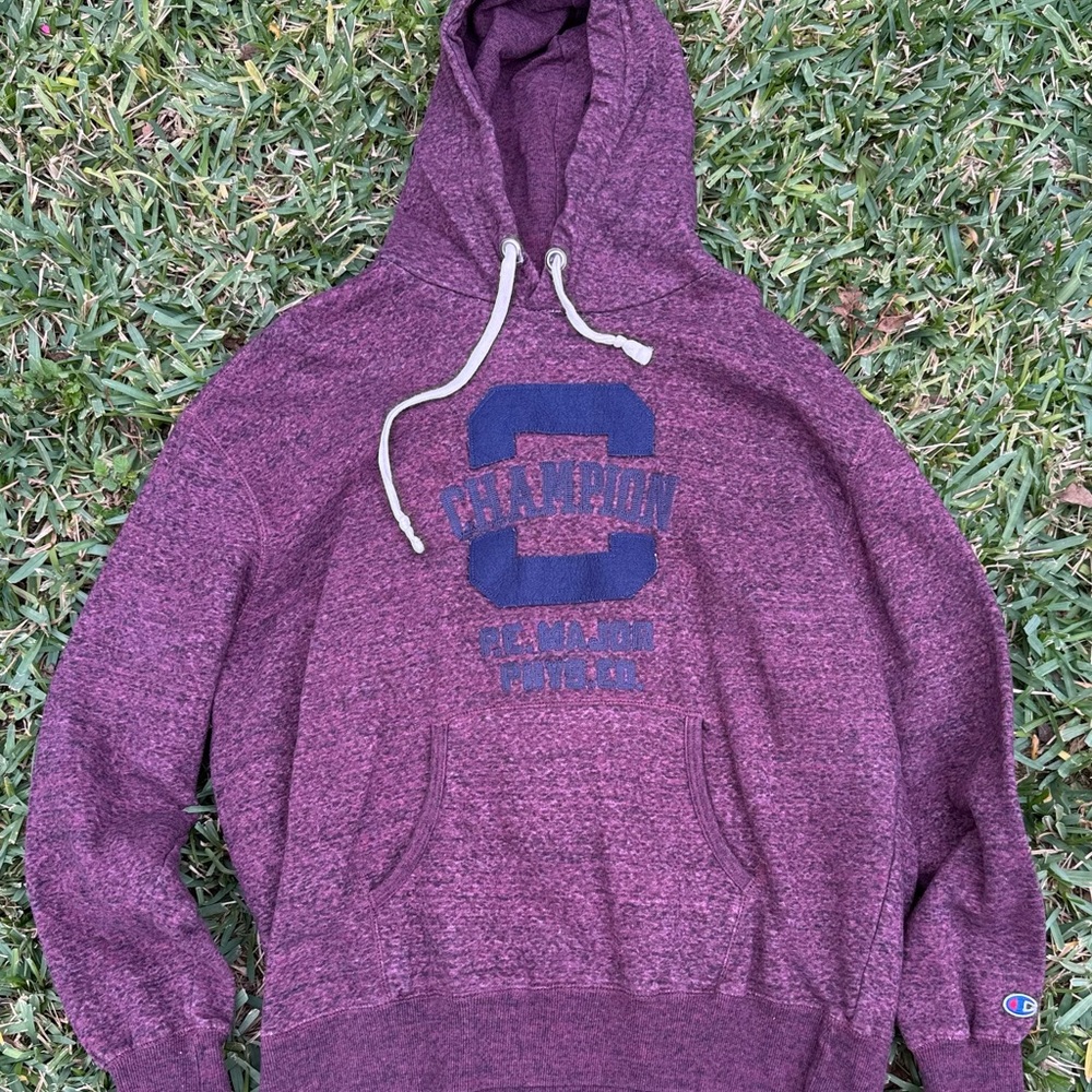 Vintage Champion Hoodie Men's XL Maroon Blue Logo Pullover Retro Athletic Cozy